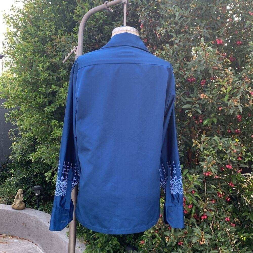 Vintage Velvet Touch Button-Down Shirt – 70s Vibes Blue Men’s 1970s Embroidered - Picture 5 of 9